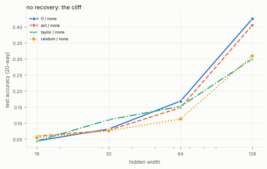 Line chart of test accuracy (20-way) against hidden width (log scale), one line per configuration. Titled “no recovery: the cliff”. The numbers are in the experiment's full table on the Results page.